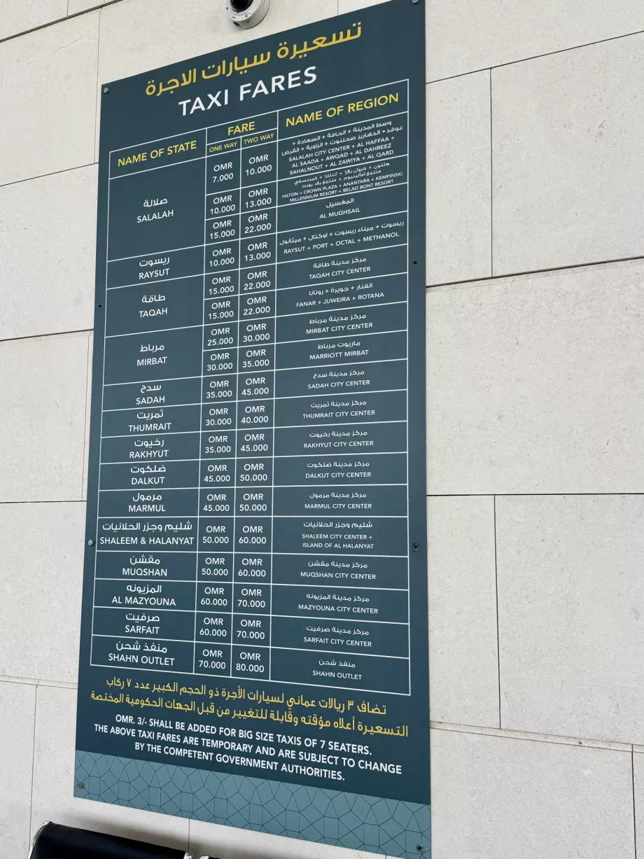 Tarifa oficial de táxi do aeroporto de Salalah SLL