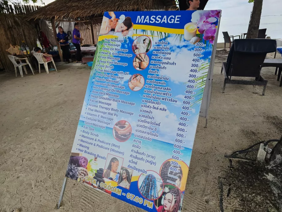 Lista de preços para massagens na praia do hotel