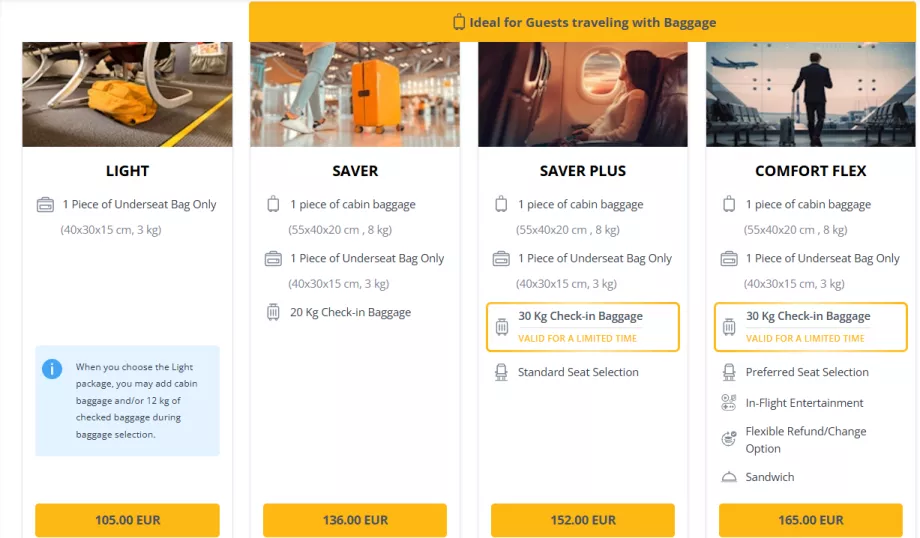 Classes tarifárias da Pegasus Airlines