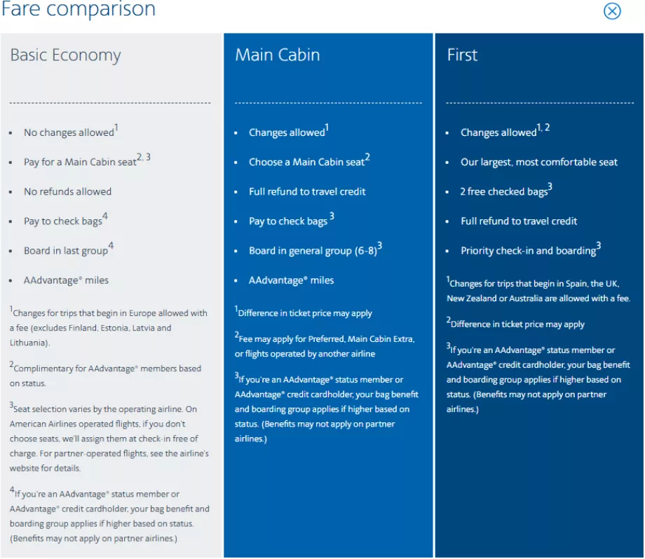 Tarifas domésticas da American Airlines