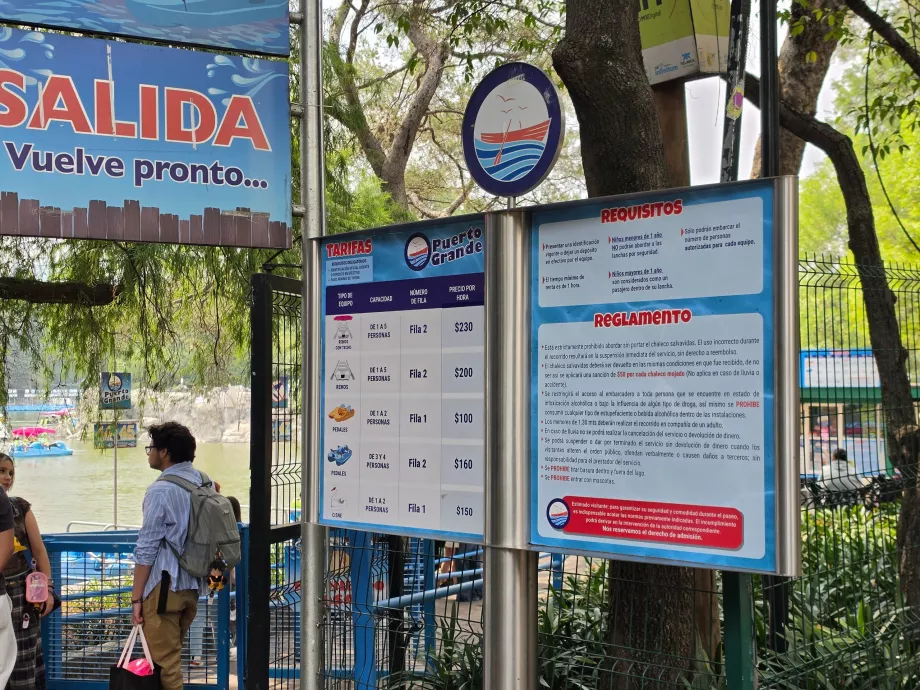 Bosque de Chapultepec, lista de preços para barcos
