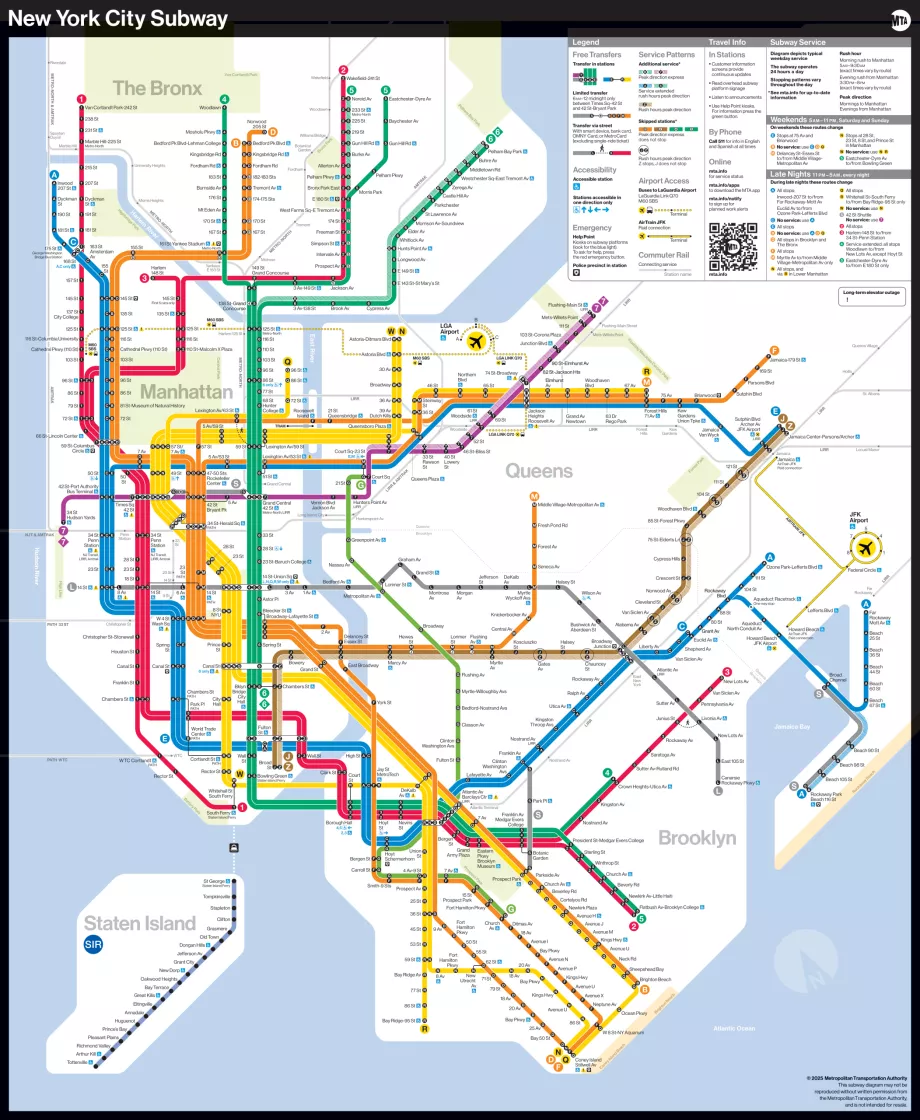 Mapa de todas as linhas de metro da cidade de Nova Iorque