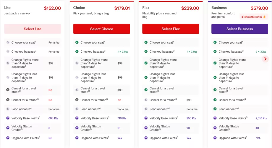 Tarifas da Virgin Australia