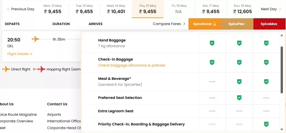 Classes tarifárias da SpiceJet