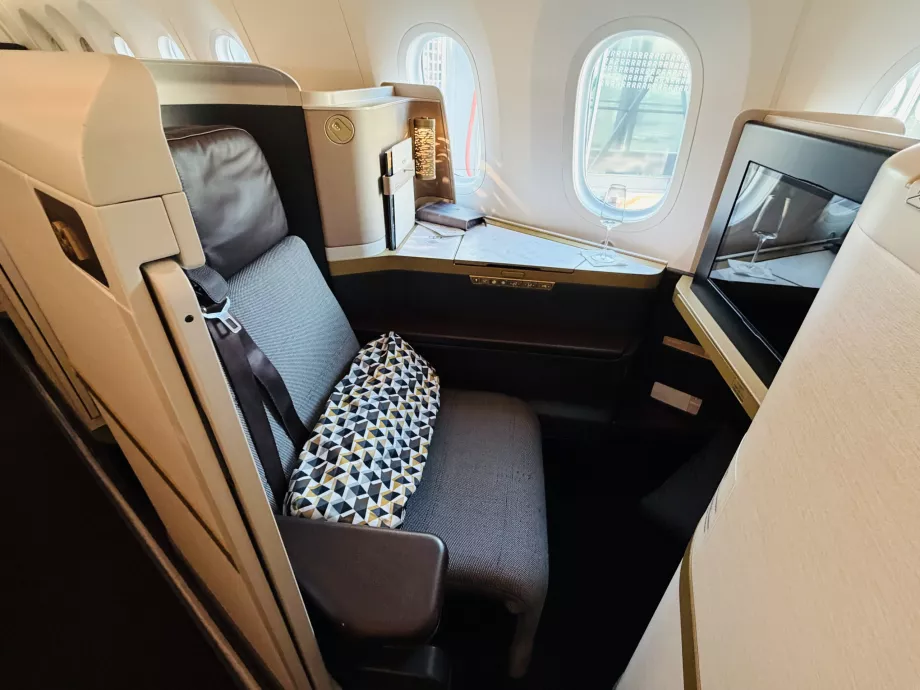 Pormenor do banco da classe executiva do Etihad B789 com porta