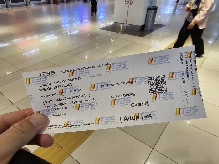 Bilhete de autocarro para Malaca