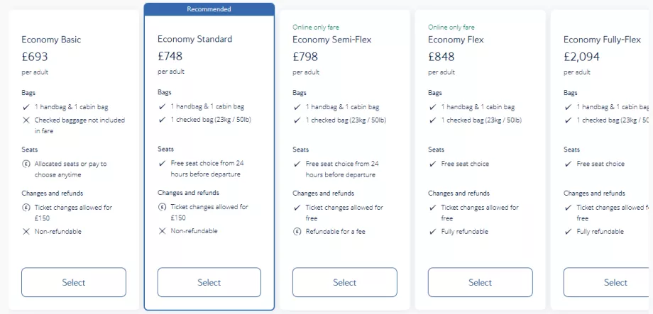 Classes económicas da British Airways