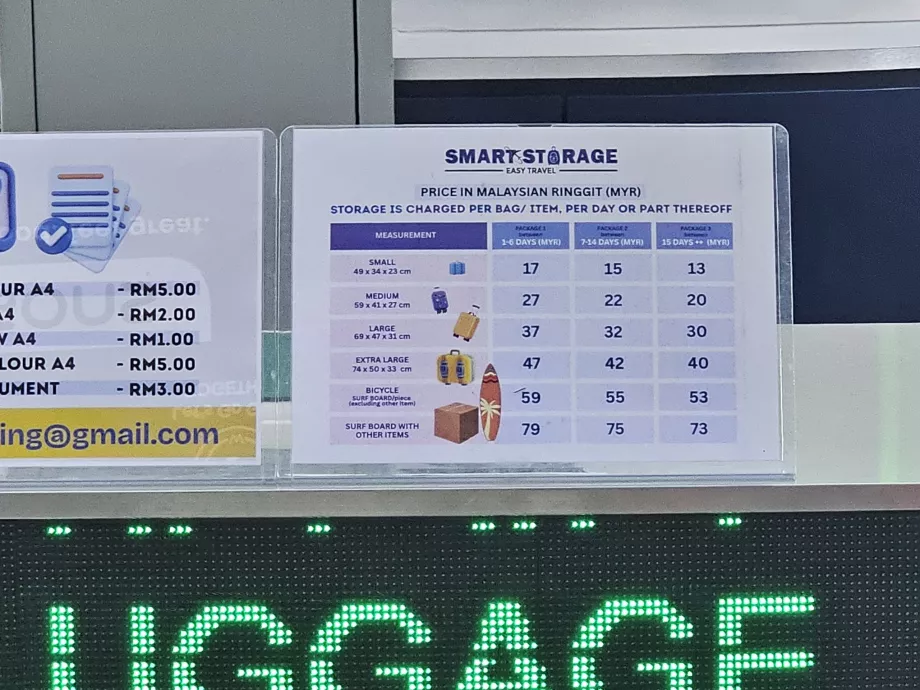 Preços do depósito de bagagens