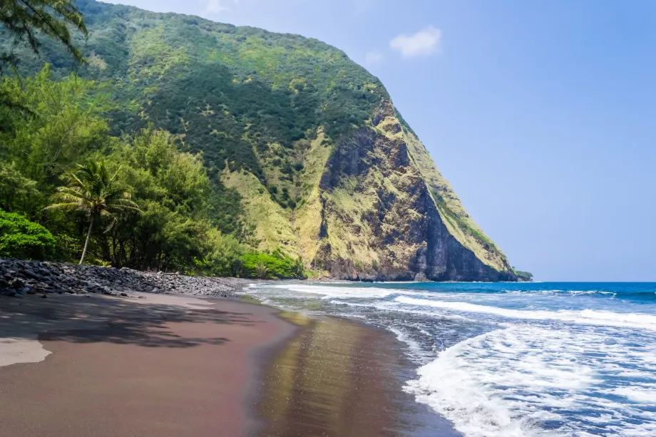 Praia de areia preta em Waipio