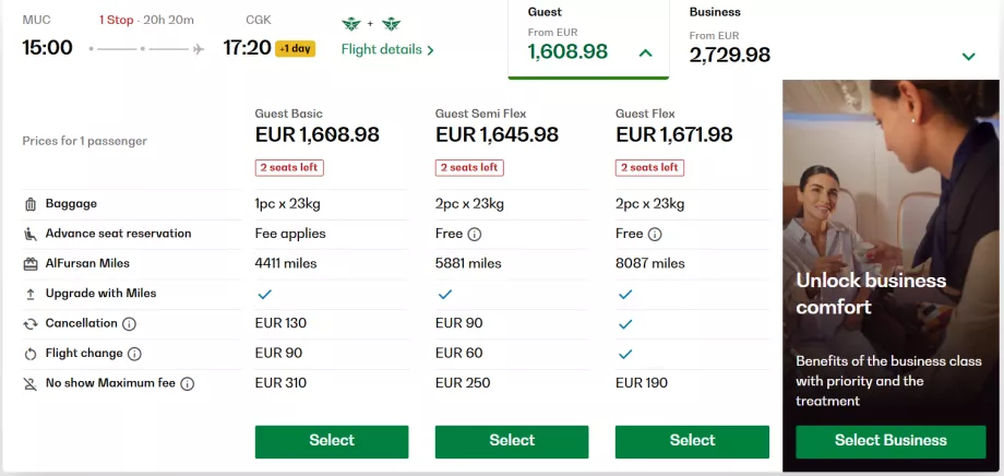 Tarifas da classe económica