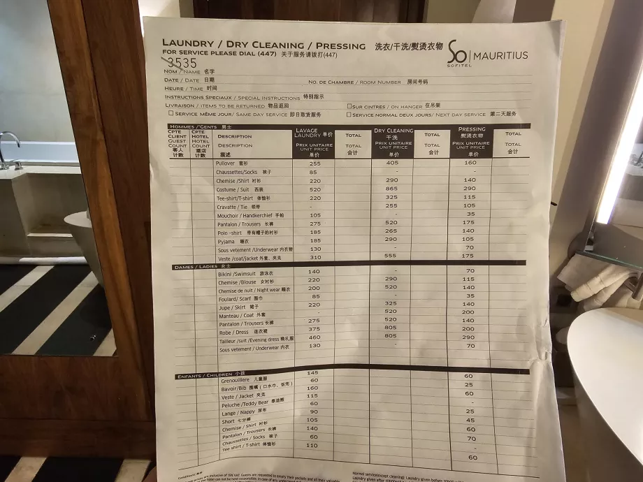 Preços da lavandaria