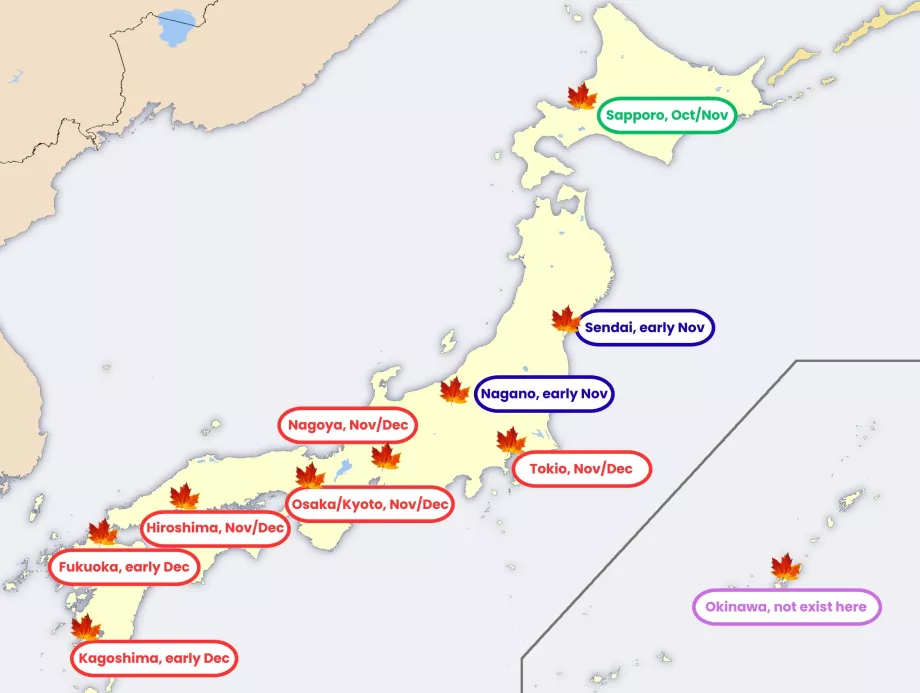 Mapa das folhagens de outono no Japão