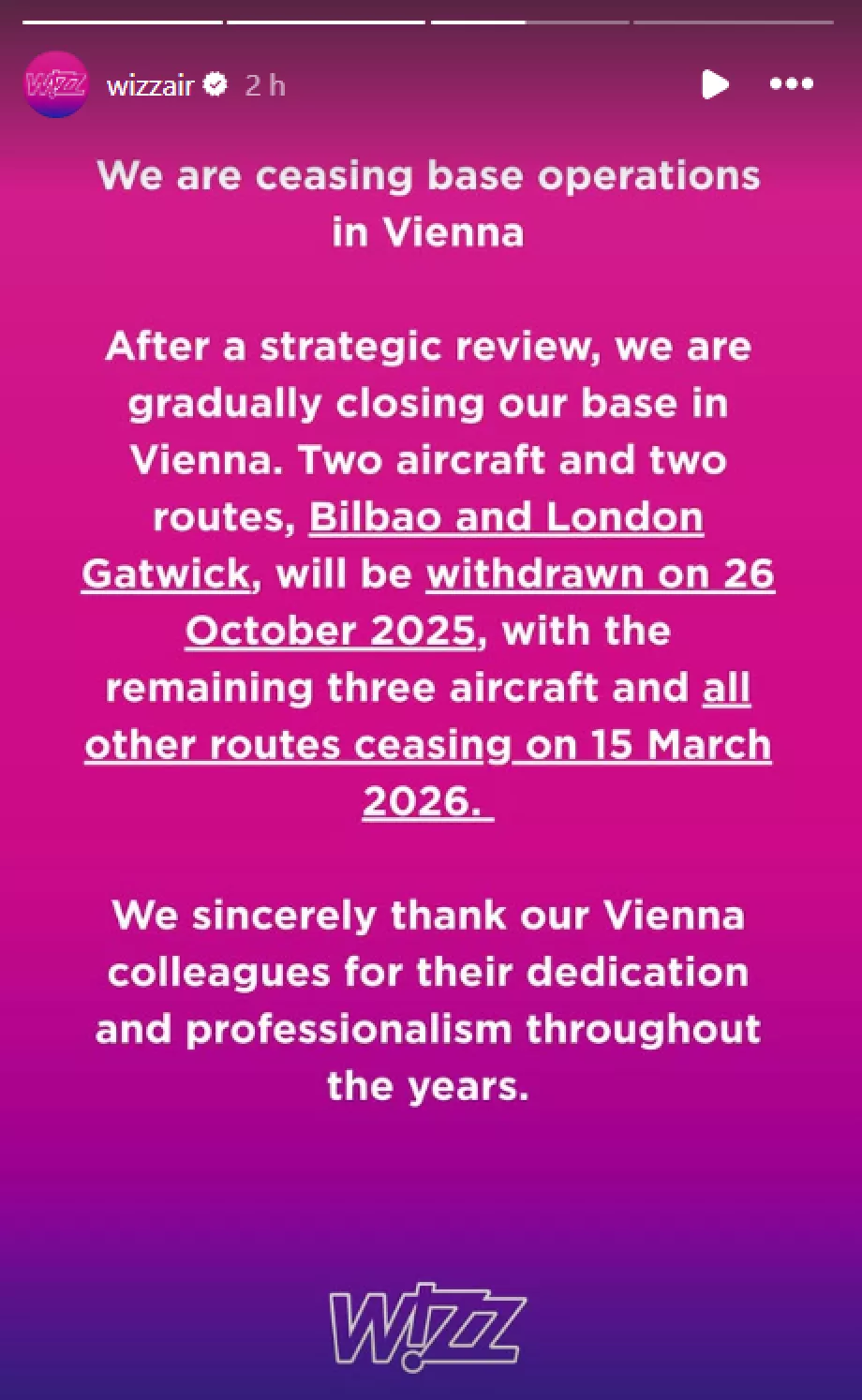 Cancelamento de linhas a partir de Viena