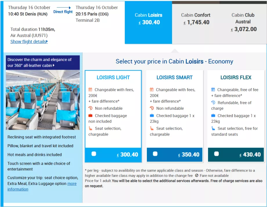Classes tarifárias da Air Austral