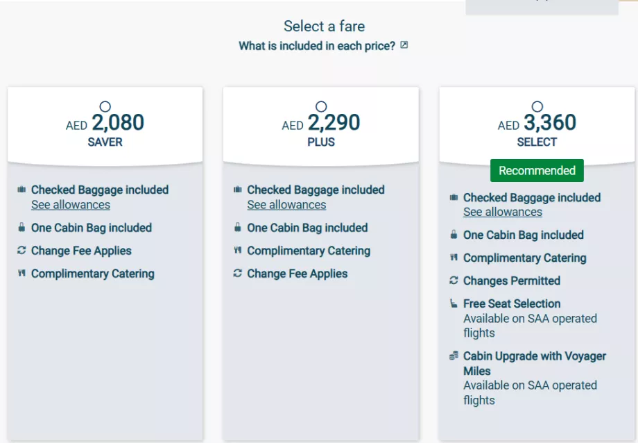 Classes de tarifas da South African Airways