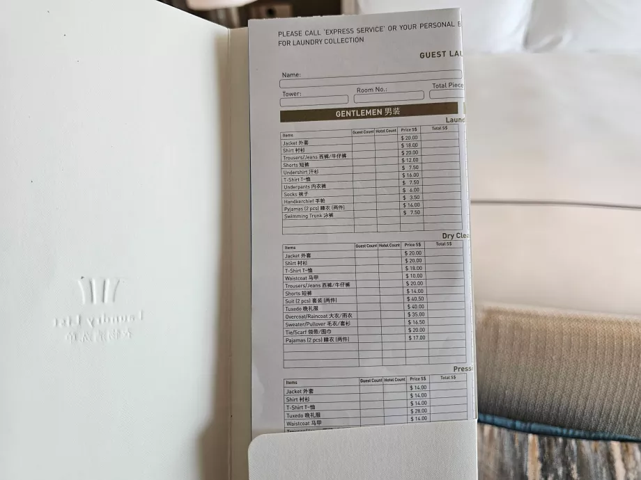 Lista de preços da lavandaria