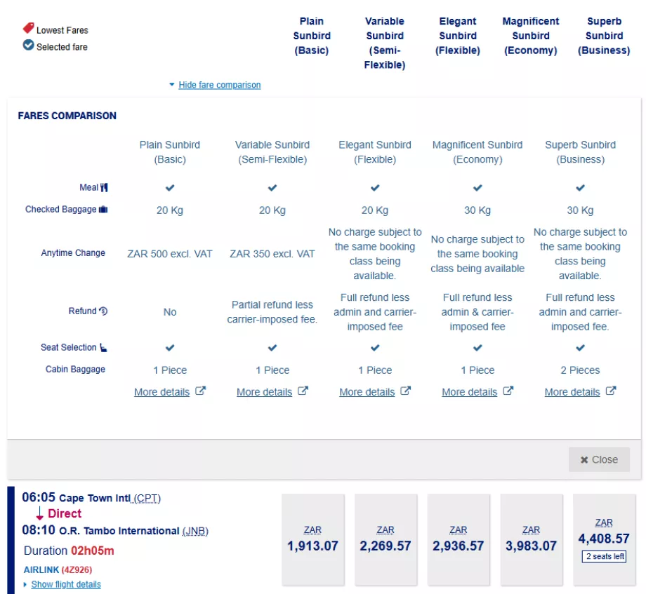 Classes de tarifas Airlink