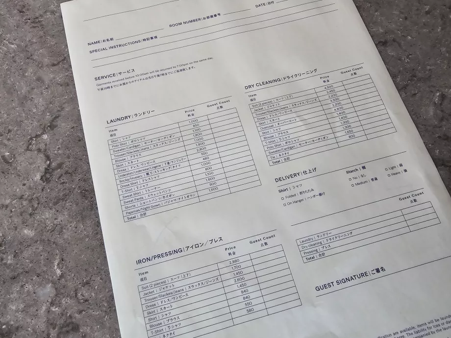 Preços do serviço de lavandaria