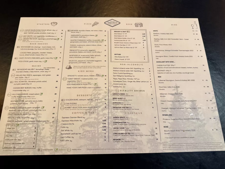 Menu de cerveja de neve com preços