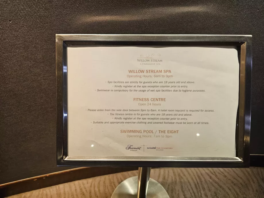 Horário de funcionamento da piscina, do ginásio e do spa