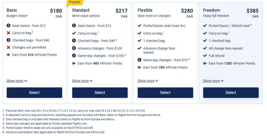 Porter Airlines - classes tarifárias