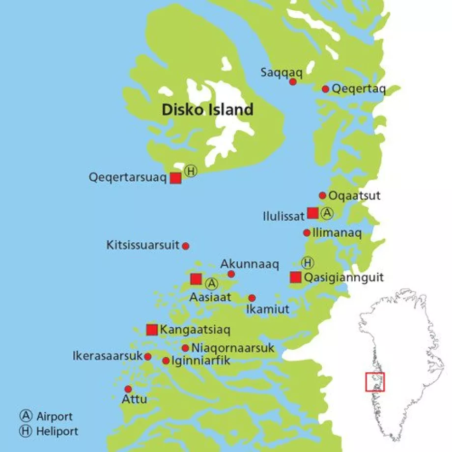 Mapa das cidades da baía de Disko