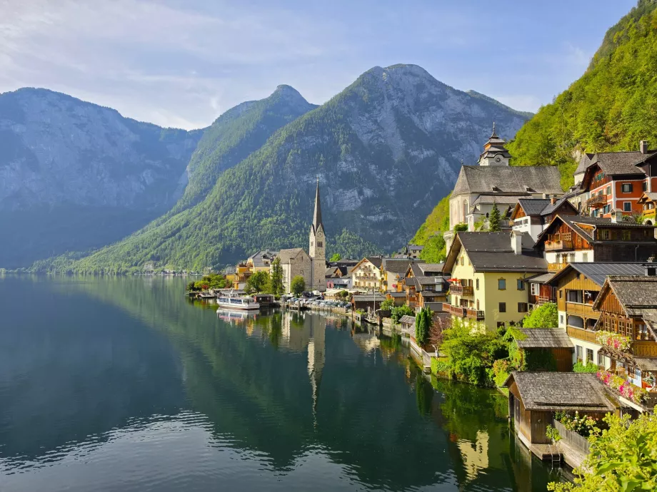 A vista mais famosa do centro da cidade de Hallstatt
