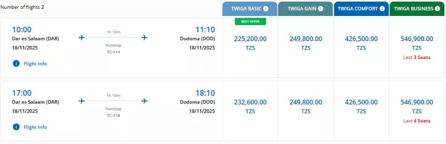 Classes tarifárias da Air Tanzania