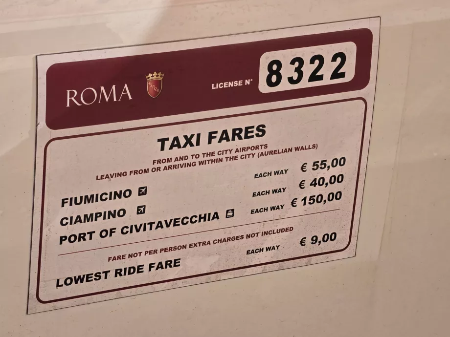 Preços oficiais dos táxis em Roma