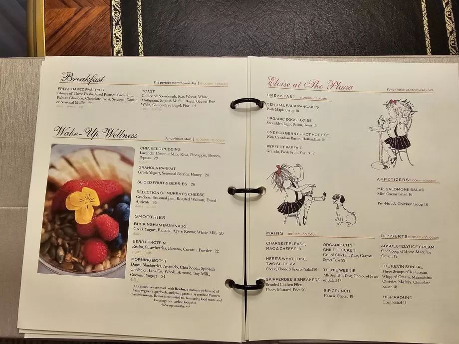 Menu, serviço no quarto