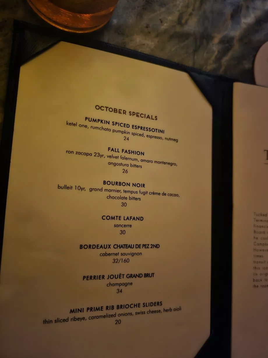 Campbell Bar, menu de cocktails