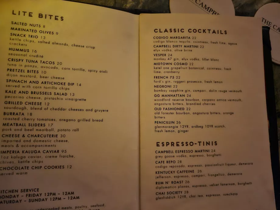 Campbell Bar, menu