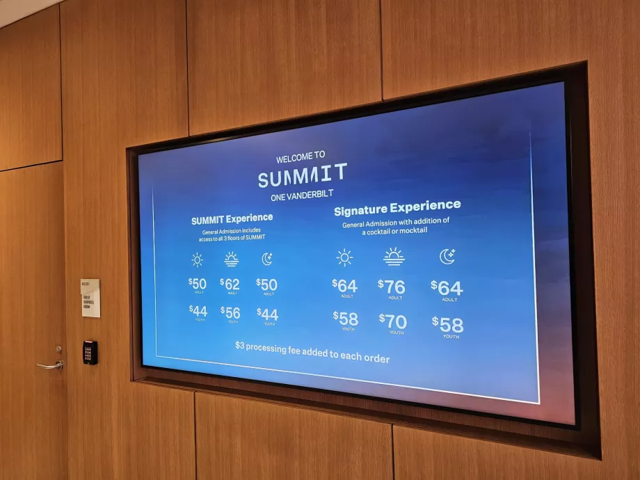 Summit One Vanderbilt, lista de preços