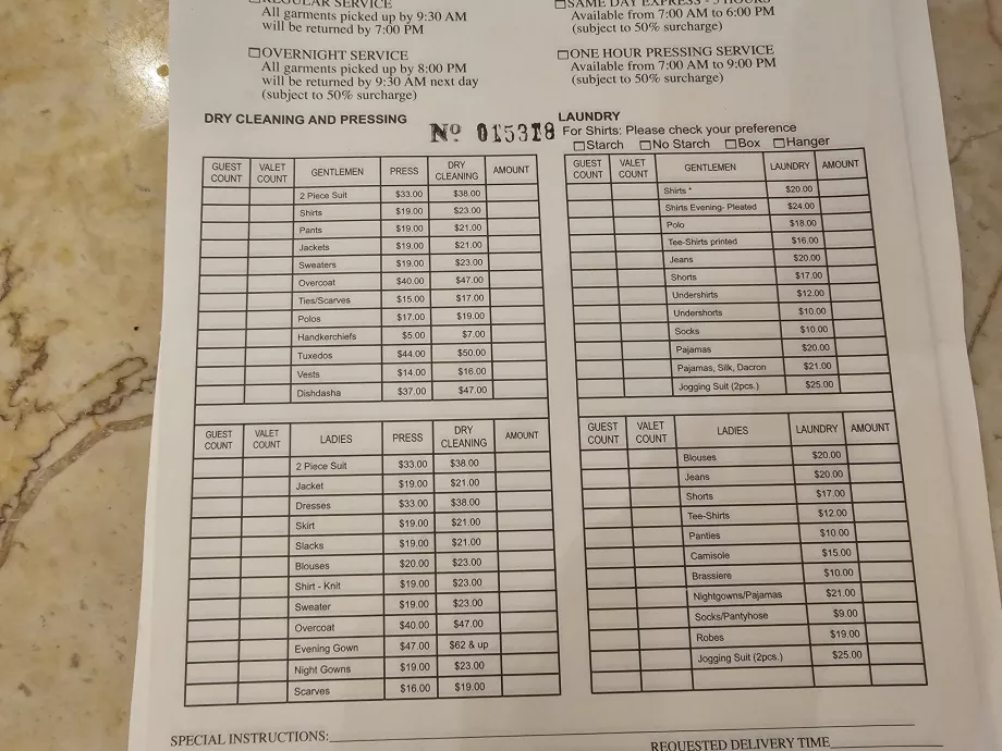 Preços do serviço de lavandaria