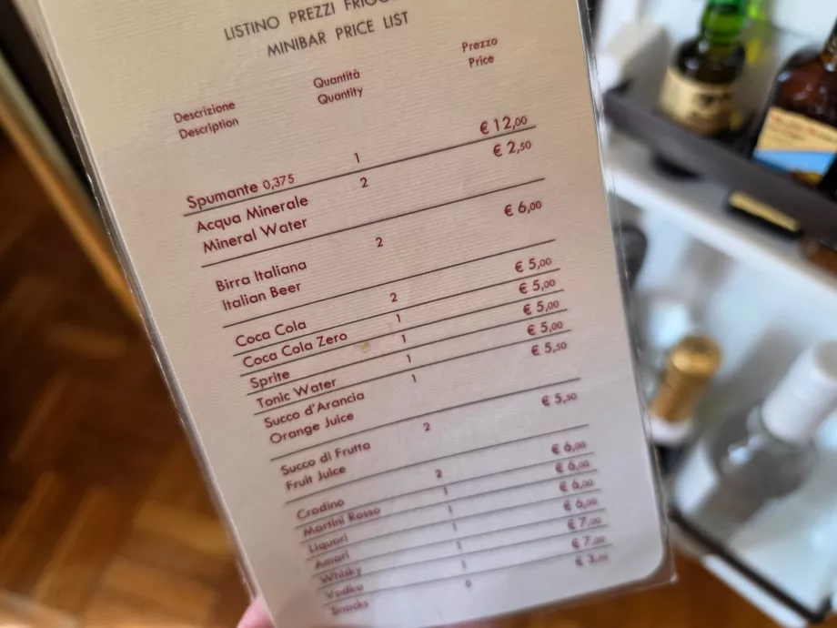 Lista de preços do mini-bar