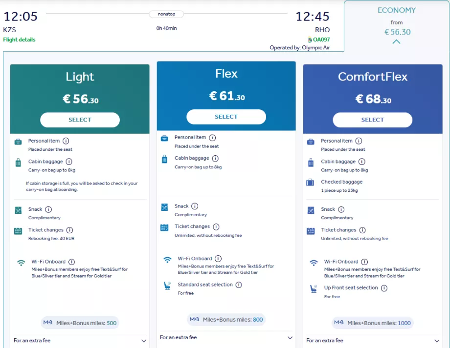 Classes tarifárias da Olympic Air