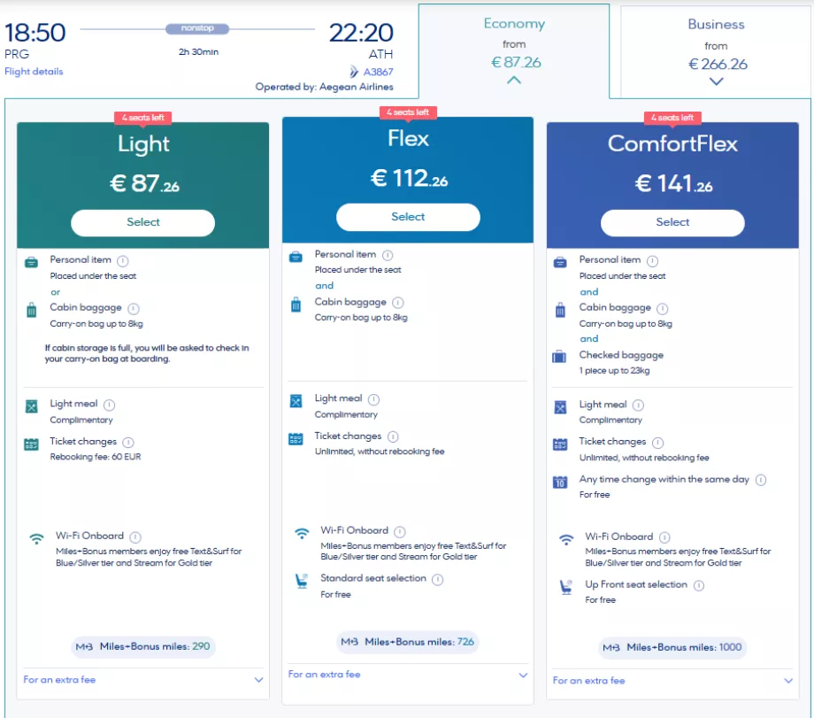 Classes de tarifas da Aegean Airlines