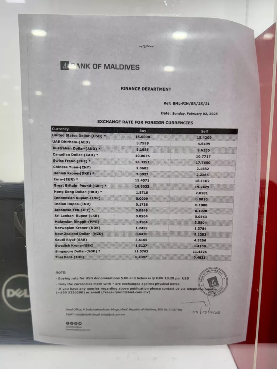 Bilhete de taxa de câmbio Banco das Maldivas Malé MLE