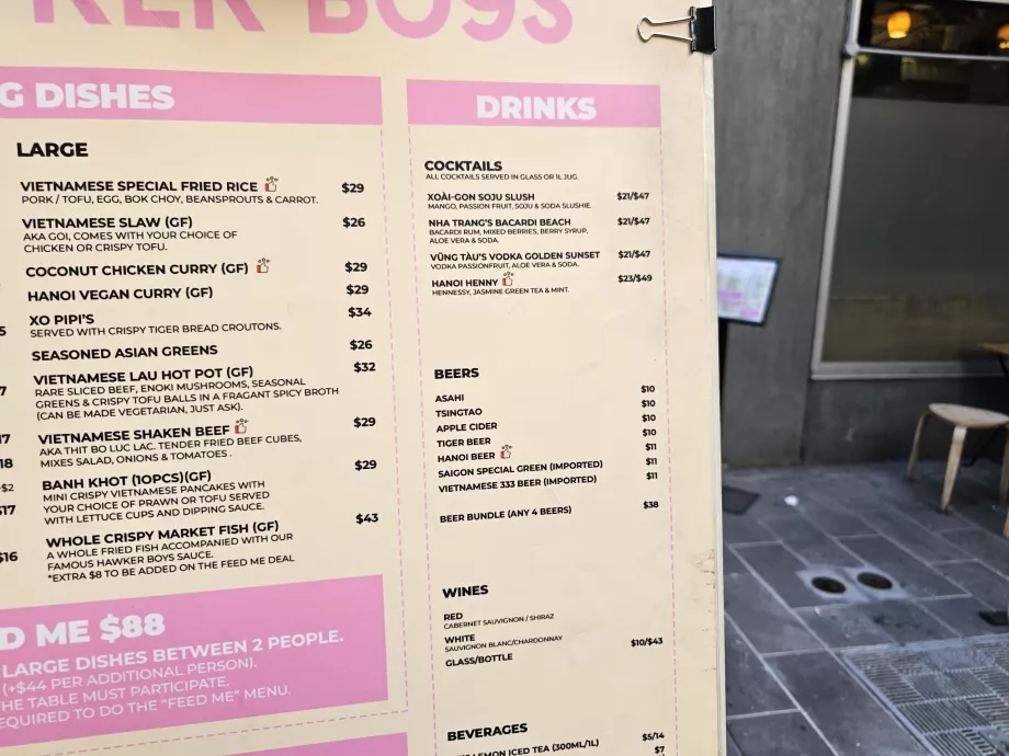 Preços das bebidas