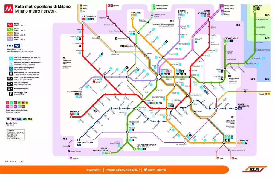 Mapa do metro e dos comboios S em Milão